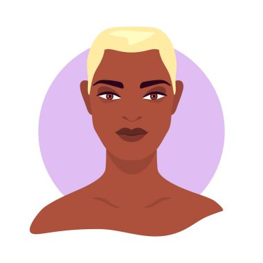 Sosyal medya avatarı bir kadının profilini çıkarıyor. Afrikalı bir kızın portresi. Renkli bir kavram. Vektör modayı minimum düzeyde. İzole edilmiş bir arkaplanda resim.