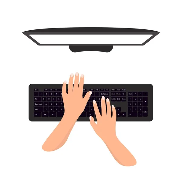 Руки Печатают Клавиатуре Изобрази Компьютер Дистанционное Обучение Онлайн Школе Коммуникационные — стоковый вектор