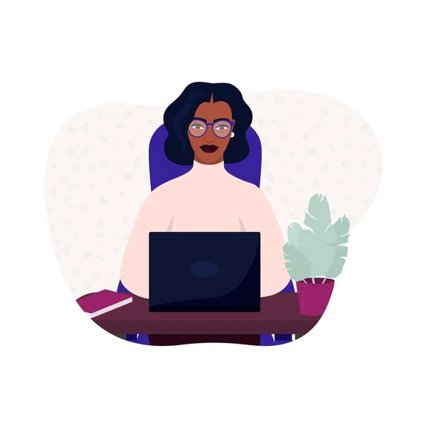Afrikalı Kadın Bilgisayar Masasında Oturuyor Yerinin Organizasyonu Yapımı Coronavirus 2019 — Stok Vektör