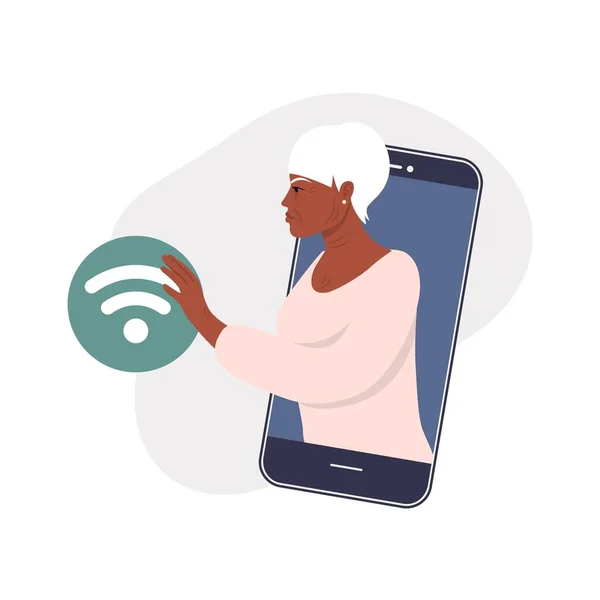 Afrikaanse Oudere Vrouw Maakt Verbinding Met Een Netwerk Het Internet — Stockvector