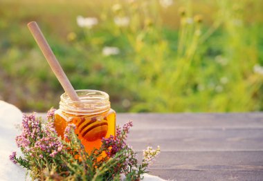 Çiçek melliferous otlar ile cam bir kavanozda Bal