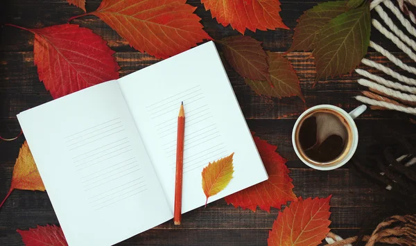 Carnet ouvert avec pages blanches vides, une tasse de café et un plaid chaud sur un fond en bois avec des feuilles d'automne — Photo