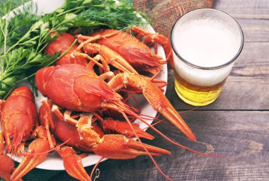 Bardak bira ve bir tabak içinde haşlanmış crawfishes 
