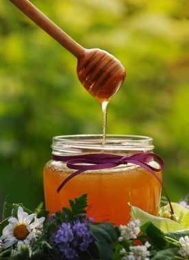 Çiçekler bir cam kavanoza bir ahşap yüzeyde melliferous otlar tatlım. 