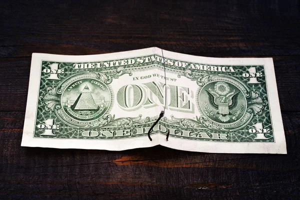 Dollar note on a fishing hook. Conceptual image of financial trick, financial pyramid, easy money.