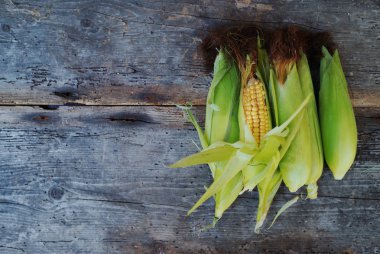 Ahşap yüzey üzerinde taze mısır koçanı