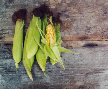 Ahşap yüzey üzerinde taze mısır koçanı