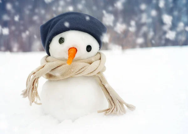 Kleiner Schneemann mit Mütze und Schal auf Schnee im Winter vor dem Hintergrund von Bäumen. — Stockfoto