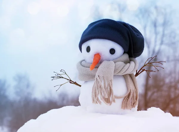 Małych bałwana w czapkę i szalik na śniegu w zimie na tle drzew. — Zdjęcie stockowe