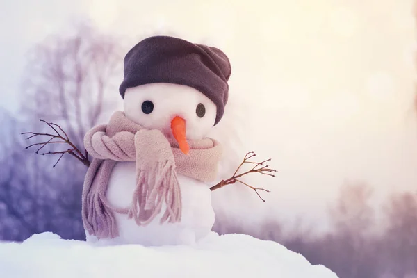 Kleiner Schneemann mit Mütze und Schal auf Schnee im Winter vor dem Hintergrund von Bäumen. — Stockfoto