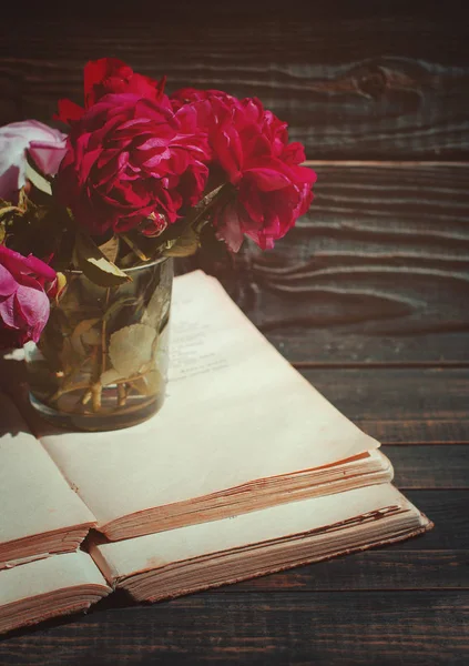 Jardim rosa rosas e livros antigos — Fotografia de Stock