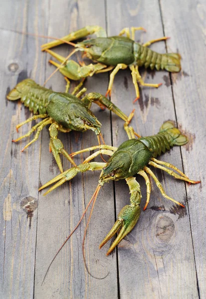 Live crayfish on a wooden surface of a table — Stock Photo, Image
