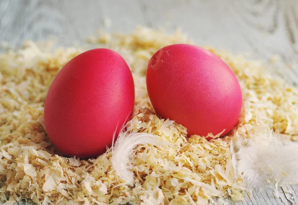 Easter eggs on wood sawdust. — Stock Photo, Image