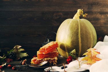 Peteğin bir plaka üzerinde ve kabak sonbahar yaprakları ile ahşap yüzeyde tatlım.