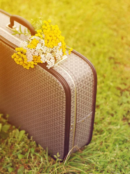 오래 된 회색 가방 및 여름 화창한 날에 푸른 잔디에 노란색 야생 꽃의 꽃다발. — 스톡 사진