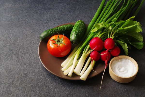 暗い表面のプレートでの新鮮野菜. — ストック写真