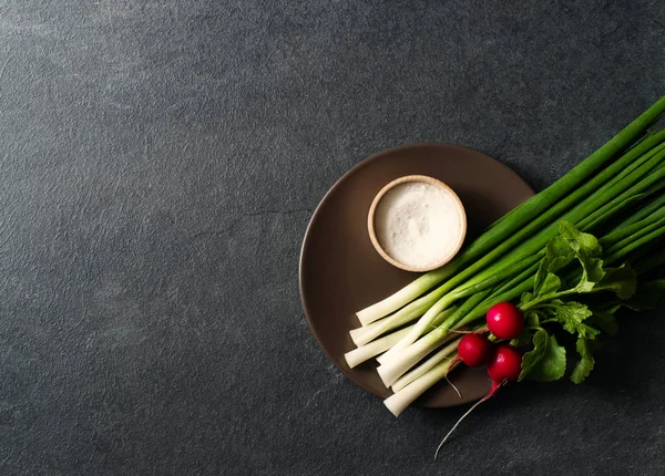 Oignons verts frais, radis de jardin et sel dans une assiette ronde sur une surface sombre . — Photo