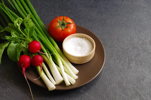 Cebolas verdes frescas, rabanete de jardim, tomate e sal em um prato redondo — Fotografia de Stock