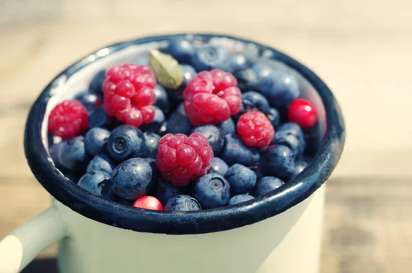 Berries of ripe juicy bilberry and raspberry in an old iron mug — Stok Foto