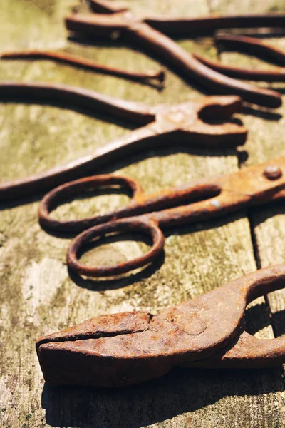 Stary zardzewiały-szczypce płaskie, nożyczki, paznokcie na powierzchni drewnianych — Zdjęcie stockowe