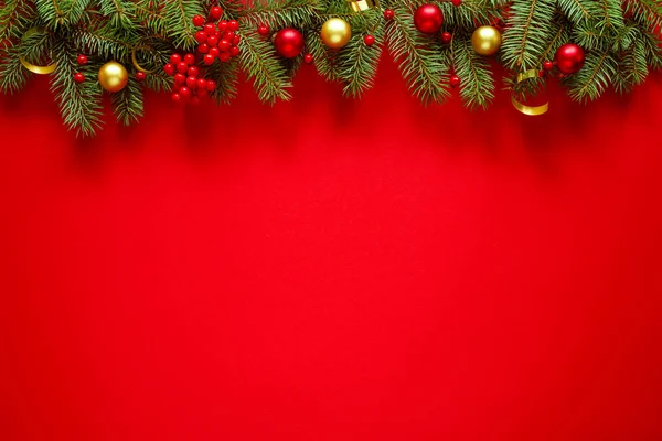 Fir Branches Holiday Decorations Red Background Top View Space Text — Stock Photo, Image