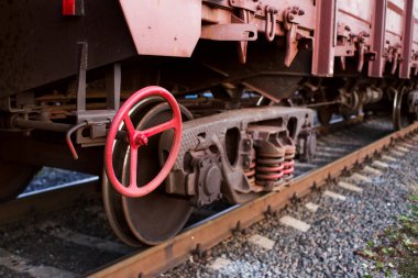 Red brake wheel in a railway train.