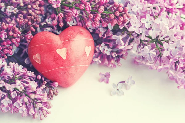 Pink Heart Bouquet Lilacs White Wooden Table Surface Soft Focus — 스톡 사진