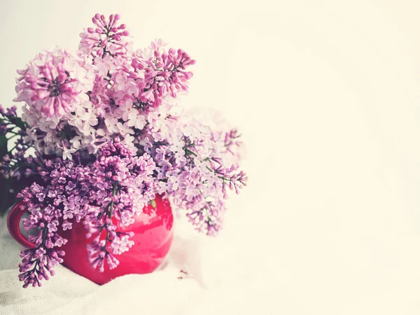 Bouquet Lilacs Red Vase Table White Background Copy Space Soft — Stockfoto