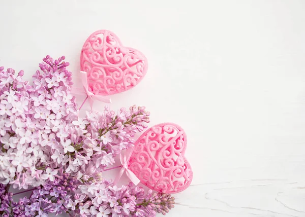 Two Pink Hearts Bouquet Lilacs White Wooden Surface Top View — ストック写真