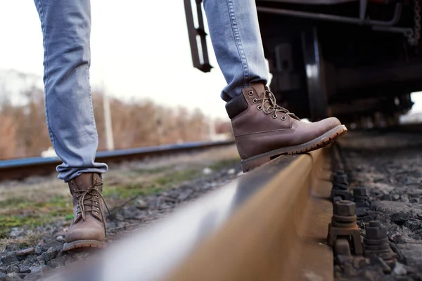 Girl Boots Walks Railroad Tracks Autumn — Stockfoto