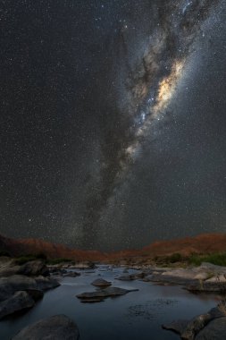 Samanyolu ve galaktik merkezi ile güzel bir dikey gece manzarası, ve önplanda Orange Nehri ve ufukta dağlar, Richtersveld Ulusal Parkı, Güney Afrika.
