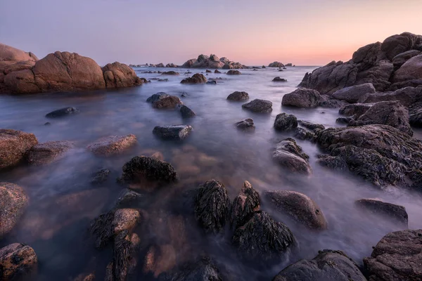 在南非帕特里诺斯特拍摄的一幅美丽的雾蒙蒙的海景 在日出前拍摄 前景一片金色的天空和岩石 — 图库照片