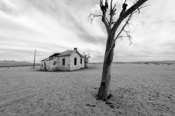 A spooky black and white desert landscape taken near Luderitz, Namibia, with an abandoned old house and a dead tree against a stormy and moody, cloudy sky.