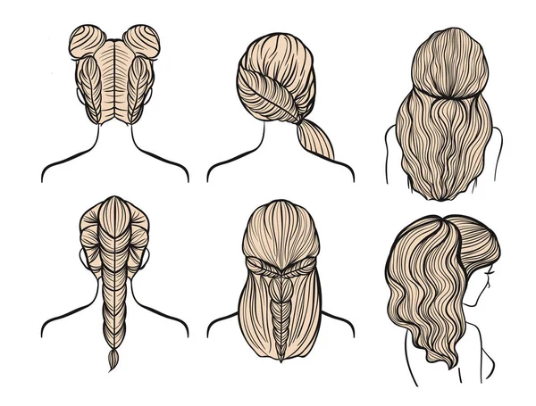 Dibujar peinados femeninos, trenzas. Conjunto de vectores ilustraciones . — Vector de stock