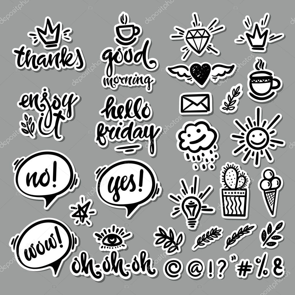 Vector hand drawn set of characters, phrases, objects. Modern calligraphy for blogging, for design postcards, poster.