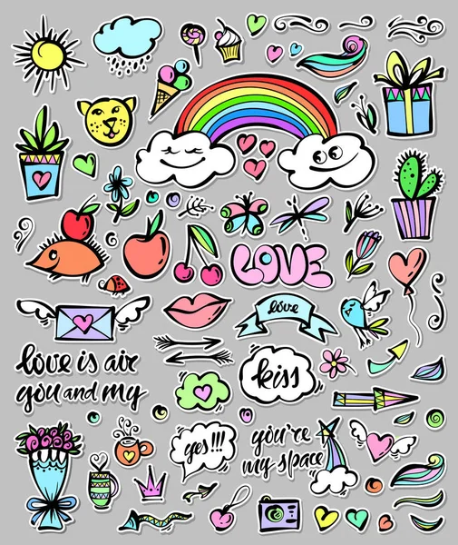 Vektör elle çizilmiş nesneleri, Doodle öğeleri kümesi. Komik resimler, simgeler. Çağdaş resimde, tasarım, blog, sosyal medya, tasarım kartları veya davetiyeleri