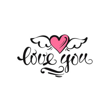 Kanatları ve mektup ile elle çizilmiş kalp seni seviyor. Kartları, posterler, blog ve dekorasyon için uygundur..