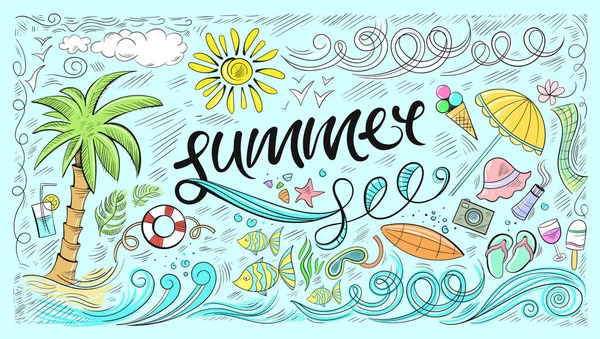 Plage dessinée à la main, mer, soleil, lettres d'été. Illustration vectorielle Sketchia — Image vectorielle