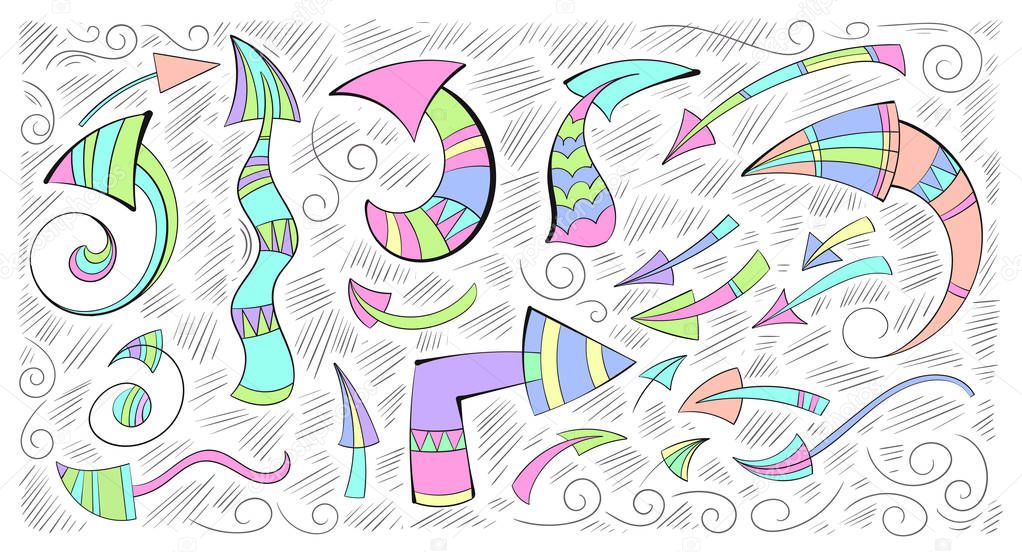 Bright colored arrows in the style of Doodle. Vector set illustrations