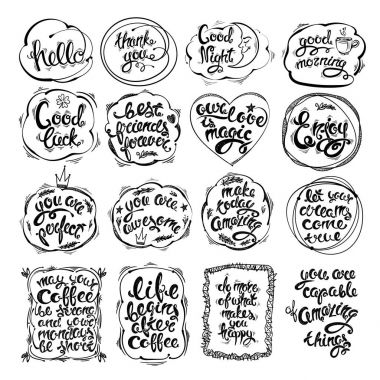 Büyük dizi el çizili harfler, ifadeler, motivasyonları. Vektör tebrik kartı, çeşitli konularda çizimler