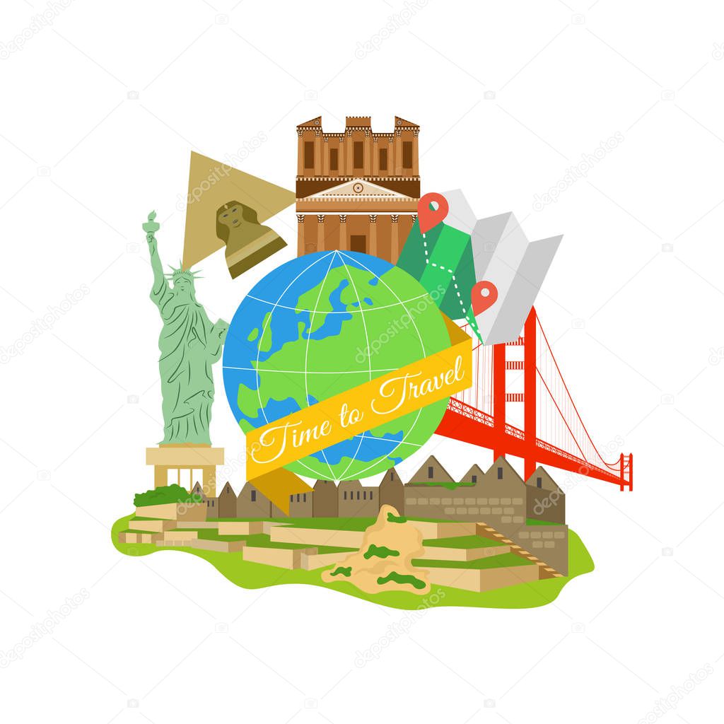 An illustration in the style of a flat design dedicated to traveling around the world.