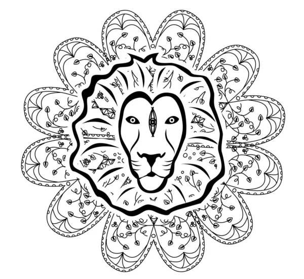 Ilustración Mandala Con Hermoso León Sobre Tema Del Yoga — Vector de stock