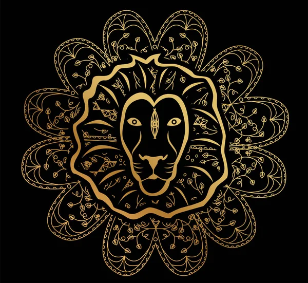 Ilustración Mandala Con Hermoso León Sobre Tema Del Yoga — Vector de stock