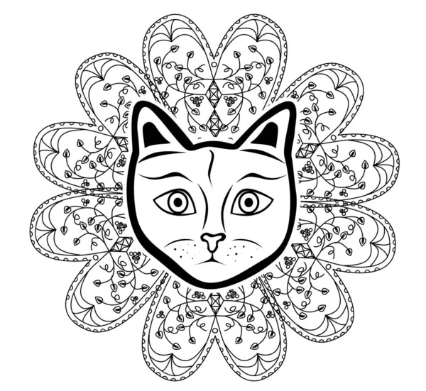 Ilustrace Mandala Krásnou Kočkou Téma Jóga — Stockový vektor