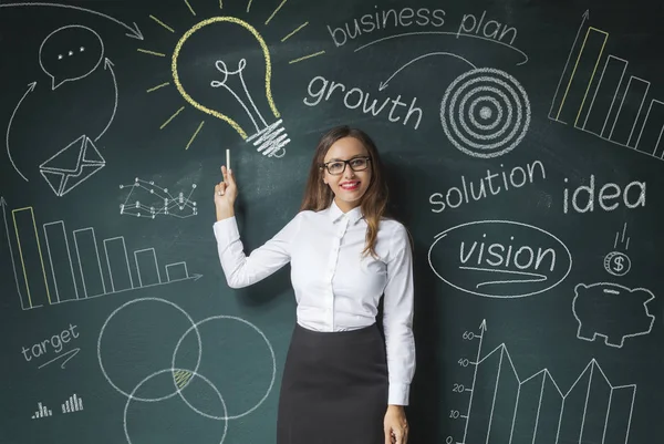 Young businesswoman pointing at light bulb on chalkboard