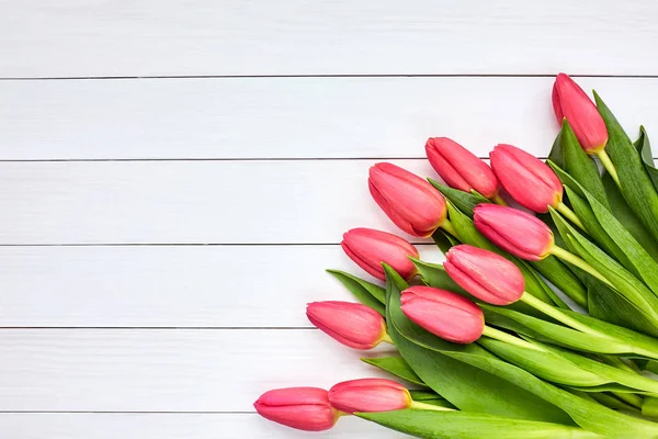 Bouquet de tulipes roses sur fond blanc en bois. Espace de copie, vue du dessus — Photo