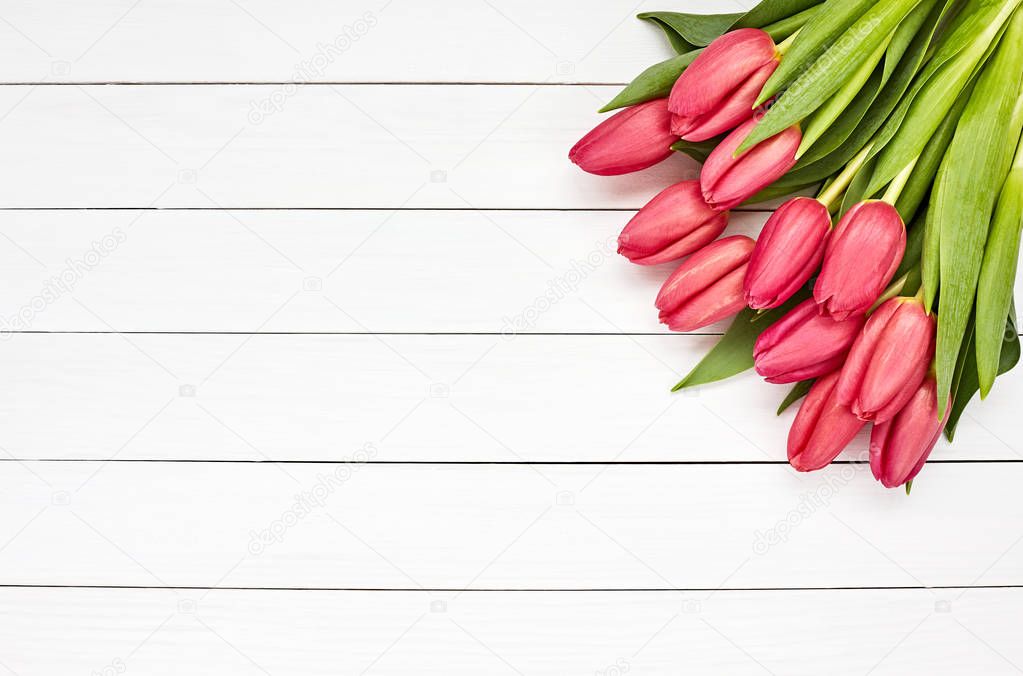 Pink tulips bouquet. Holiday background. Copy space