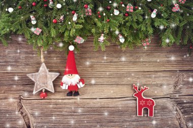 Noel arka plan. Noel Baba Noel dekorasyonu ahşap arka plan üzerinde. Kopya alanı,