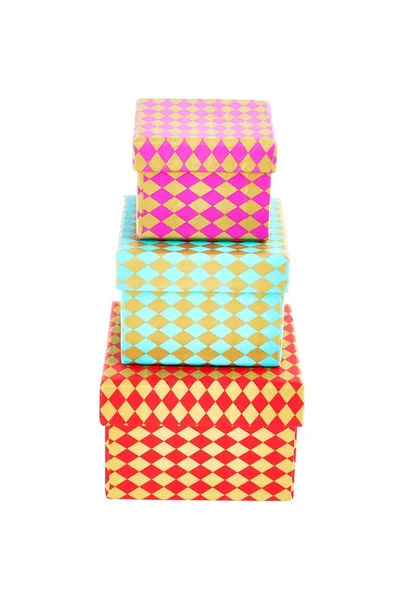 Три Барвисті Подарункові Коробки Орнаментом Ізольовані Білому Тлі — стокове фото