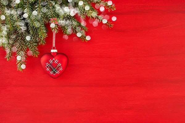 Red Christmas Background Fir Tree Red Heart Decoration Copy Space — Stock Photo, Image